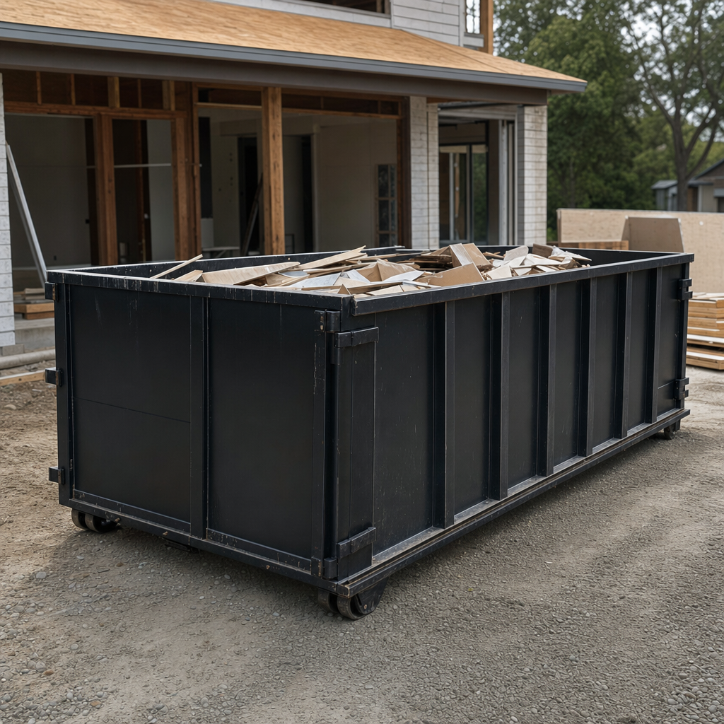 Large matte-black 30-yard construction roll-off dumpster at an active Daly City jobsite, steel-gray top rails and bottom rollers visible, loaded with construction debris.