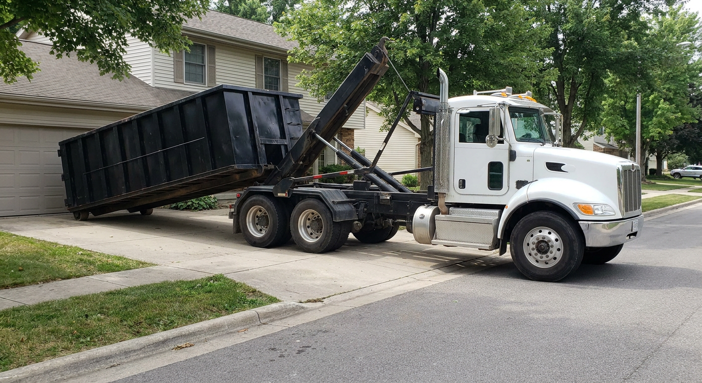 White-cab hooklift roll-off truck actively lowering a matte-black dumpster onto a Daly City residential concrete driveway, the dumpster's rear wheels touching the driveway as the hoist arm tilts the bed forward, mid-morning daylight.