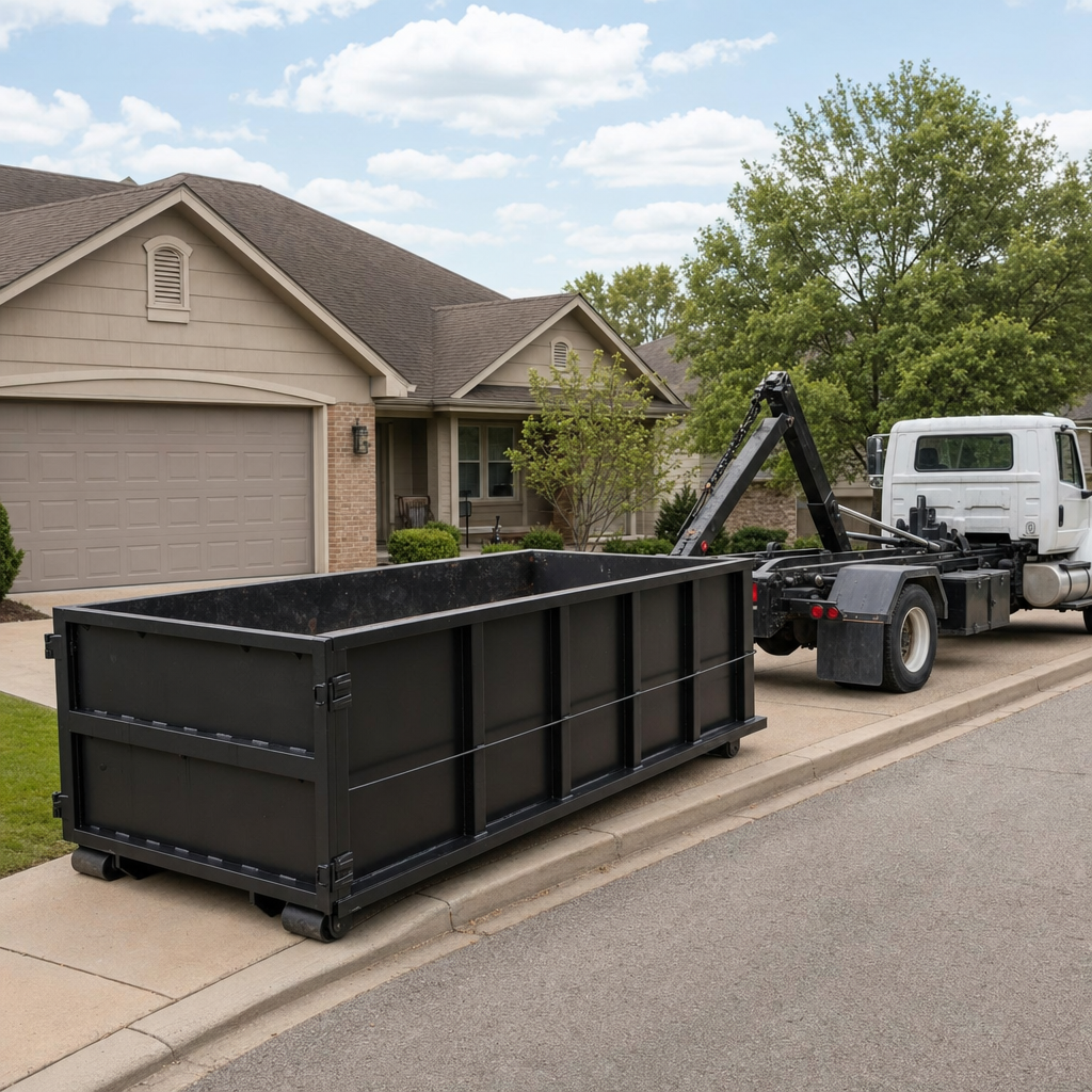 Wide documentary shot of a matte-black roll-off dumpster on a Daly City residential driveway in the foreground and a contractor jobsite container in the soft-focus background, bright daylight, calm and orderly composition.