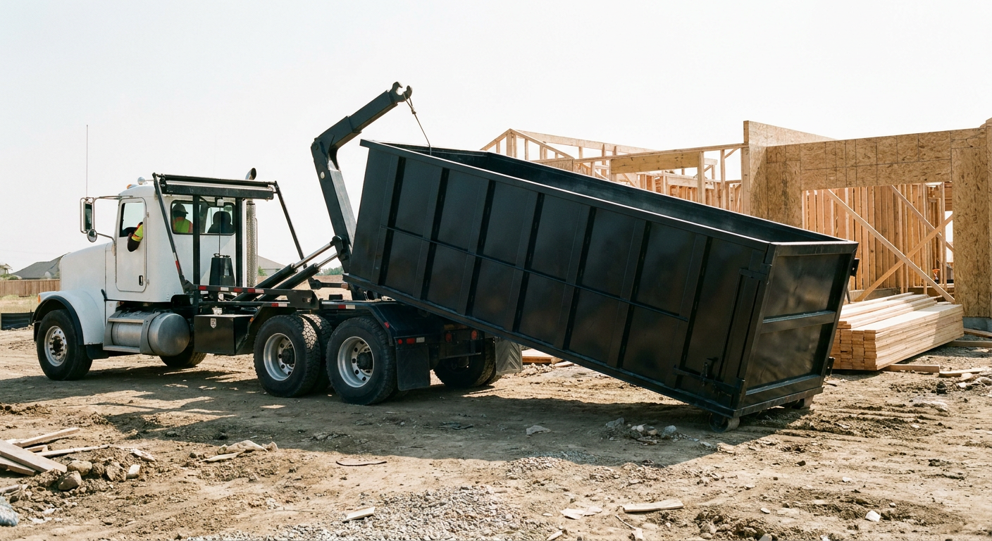 Matte-black roll-off dumpster being delivered onto a clean residential concrete driveway in Daly City by an unmarked white hooklift hauler truck, bright morning daylight, documentary 35mm perspective.